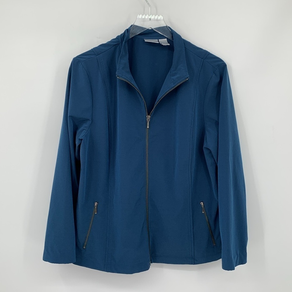 Chicos Zenergy zipper front jacket coat lightweight blue stretch nylon 2 Large